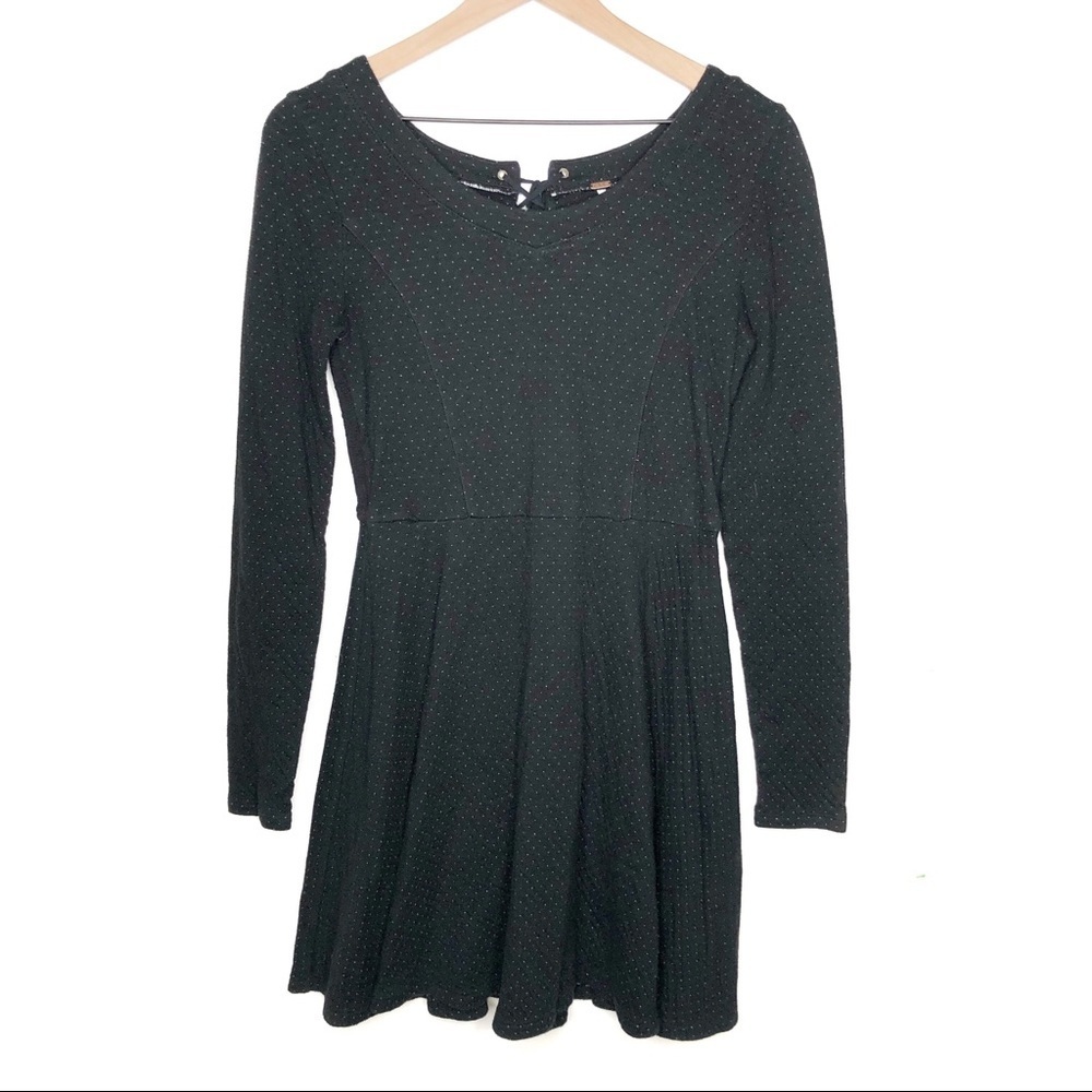 Free People Polka Dot Fit Flare Dress M Black Lace Up Back Long Sleeve